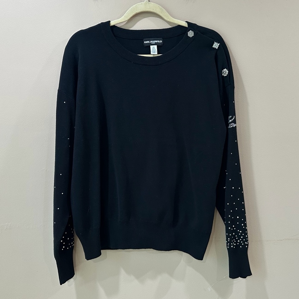 Karl Lagerfeld Paris Black Rhinestone Flower Crystal Sleeve Sweater Womens L